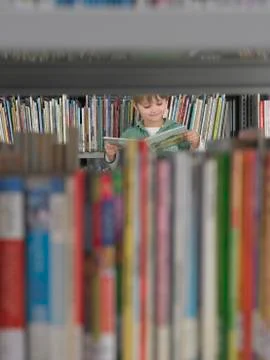 Boy Reading Book In Library Stock Photos