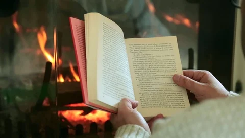 Boy reading a book near the fire Stock Footage 88459596