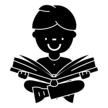 Boy reading book, open book, sitting  icon, vector illustration, sign on isolate Stock Illustration