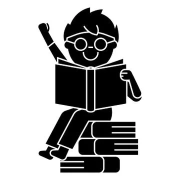 Boy reading book sitting on books  icon, vector illustration, sign on isolate Stock Illustration