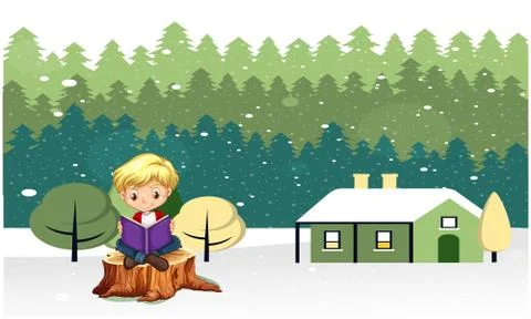 Boy reading a book, sitting outside the home after snow Stock Illustration