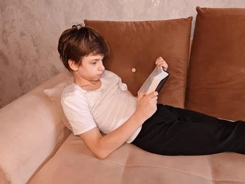 Boy Reading Book on Sofa Stock Photos
