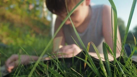 Boy reading book on summer nature Stock Footage 159969167