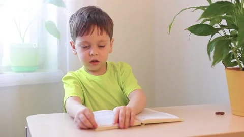 The boy is reading a book at the table . Children's books. Extracurricular Video stock 151718971