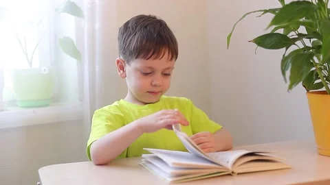 The boy is reading a book at the table . Children's books. Extracurricular Video stock 151718981