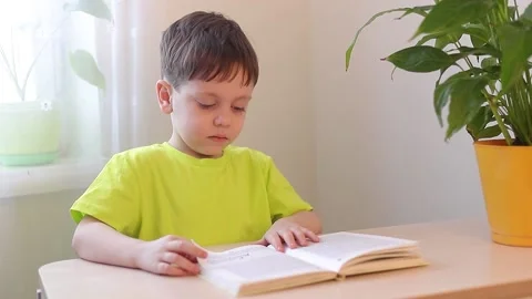 The boy is reading a book at the table . Children's books. Extracurricular Stock Footage 165238190