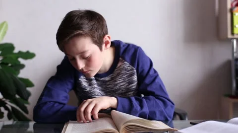 Boy Reading a Book at the Table of Home Stock-Footage 52230580