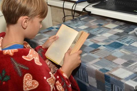 A boy is reading a book at the table. Stock Photos