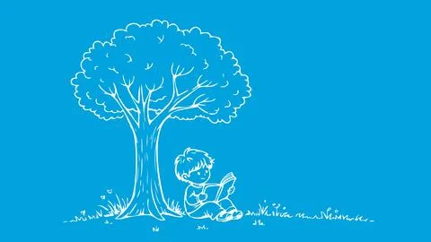 Boy reading book under tree. Summer nature leisure background. Educational Illustrazione stock