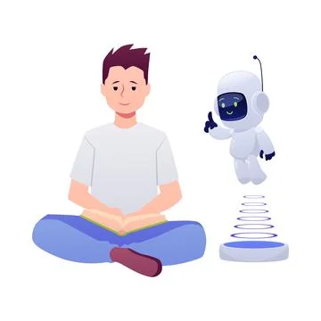 Boy reading book, vector flat AI assistance robot chat bot education, studying Stock Illustration
