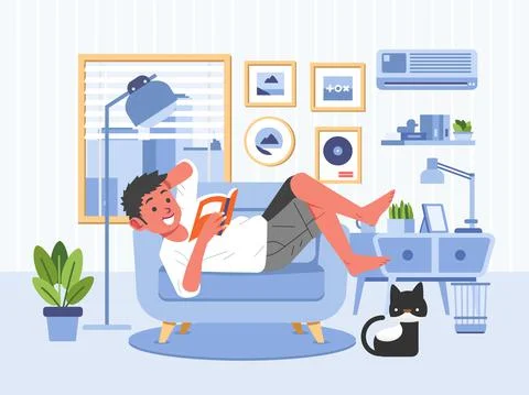 Boy reading book while laying down on the couch in the living room vector ill Ilustración de archivo