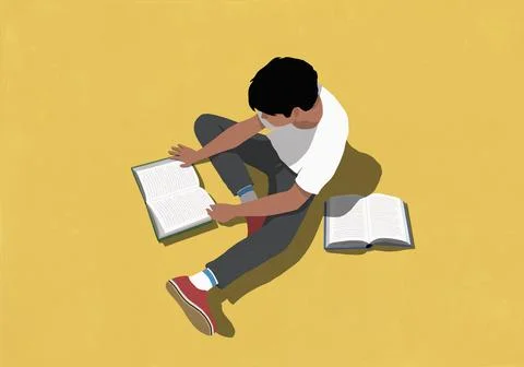 Boy reading books on yellow background Stock Illustration