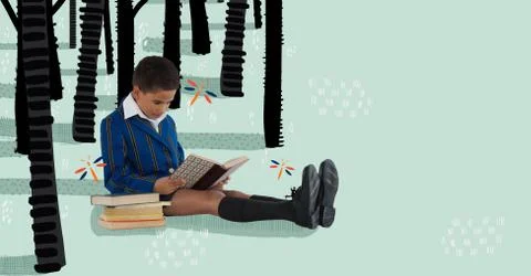 Boy reading in a drawn forest Stock Photos
