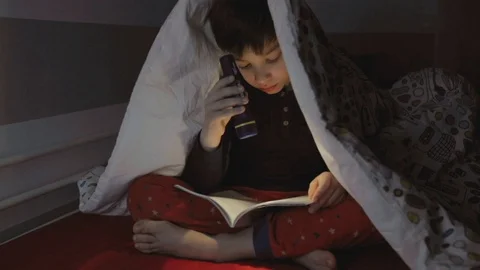 Boy reading with a flashlight Stock Footage 89757030