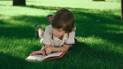 Boy reading paper book Video stock 136638432