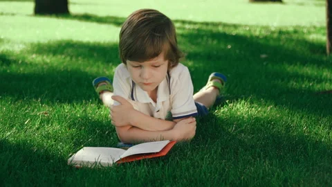 Boy reading paper book Video stock 136638570