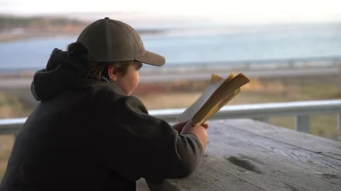 A boy reading on the porch Stock Footage 150215324