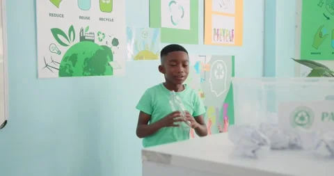 Boy is reading recycling posters then is placing empty bottle into labeled Stock Footage 337224732