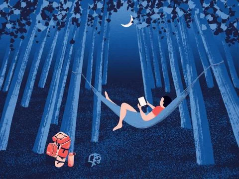 A boy reading in the woods under moonlight at night Stockillustratie