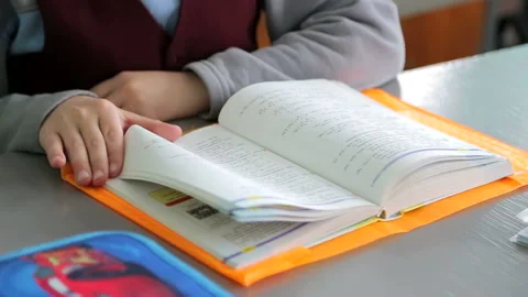 Boy reads a book at a school classroom Stock Footage 86683919