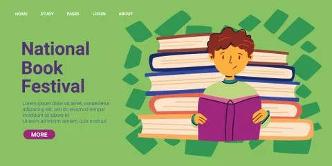 Boy reads book written, national book festival Stock-Illustration