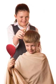 Boy at a reception at the barber Foto stock
