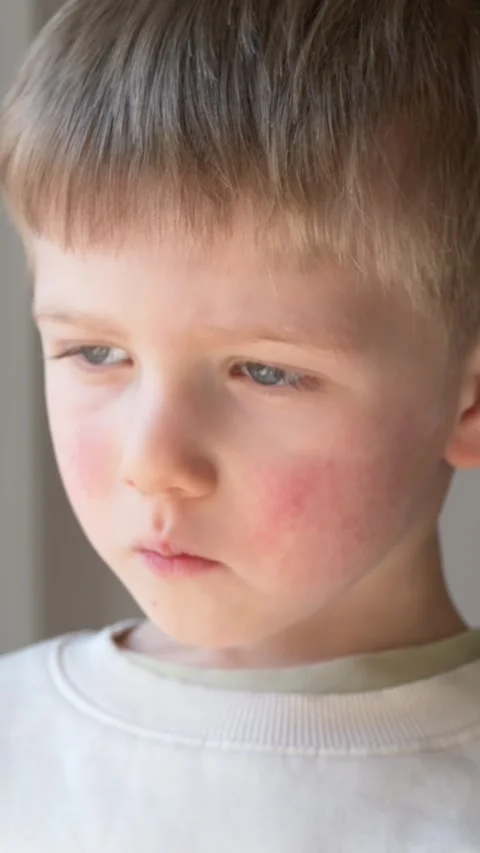 Boy with red cheeks and rash symptoms looking down, allergy and dermatitis Stock Footage 330973229