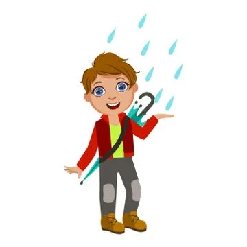 Boy In Red Jacket Catching Raindrops, Kid In Autumn Clothes In Fall Season Stock Illustration