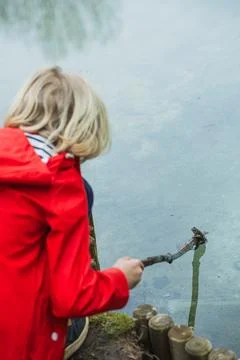 Boy in red jacket playing with frog on pond Stock Photos