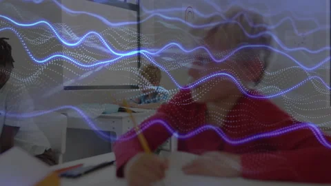 Boy in red sweater scribbling, blue wave scrolling, boy in white shirt joining Video stock 316190758