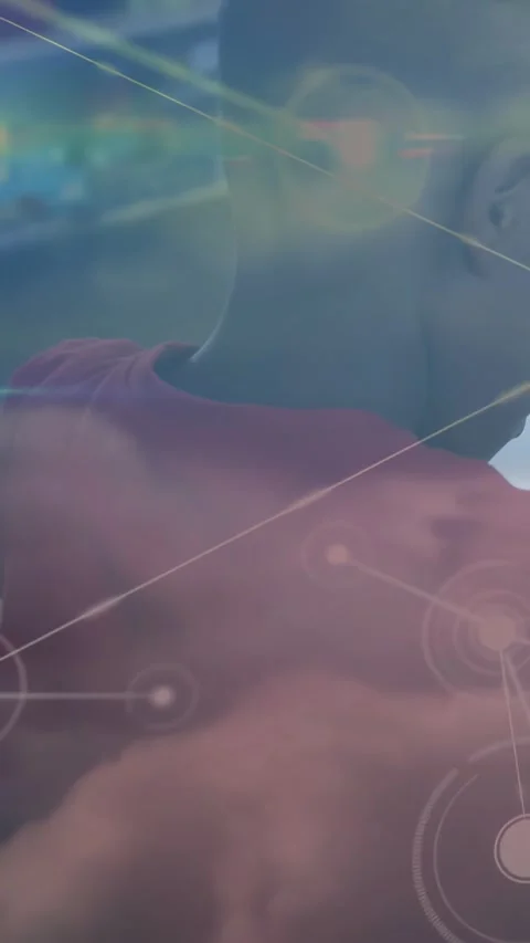 Boy in red tee noticing reflection and turning head, network HUD overlay Stock Footage 331238362