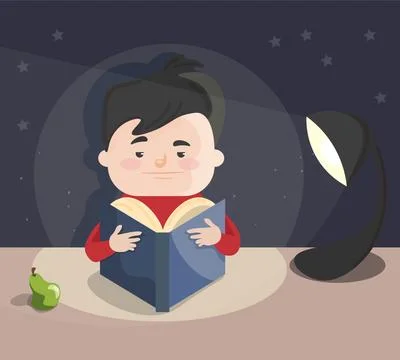 Boy reeads book in the light of lamp. There is night but boy isnt sleeping Stock Illustration
