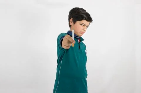 A Boy refusing a cigarette isolated on a white background Stock Photos