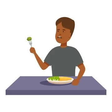 Boy refusing to eat broccoli and making a disgusted face Stock Illustration