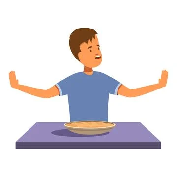 Boy refusing to eat dessert raising his hands in front of a pie Stock Illustration