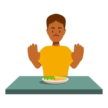 Boy refusing to eat vegetables making stop gesture with his hands Stock Illustration
