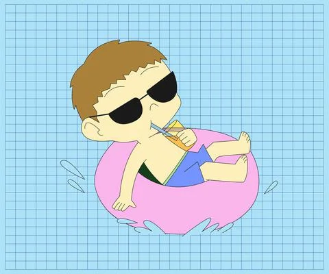 Boy Relaxing on Pink Inflatable Ring in Swimming Pool Wearing Sunglasses Stock Illustration