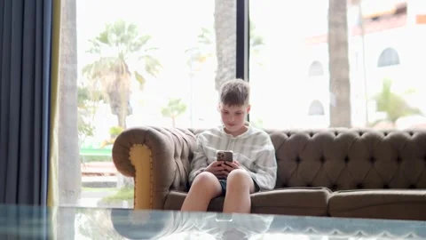 Boy Relaxing on Sofa Using Smartphone in Bright Room Stock Footage 317005822