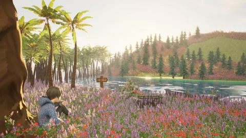 Boy Relaxing Under The Tree Beside the Lakeside Enjoying Nature : Lofi Animation Stock Footage 259682392