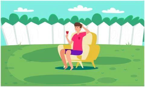 Boy is relaxing while sitting in the garden Illustrazione stock