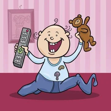 Boy with remote control and teddy bear illustration of baby boy with remot... Stock Photos