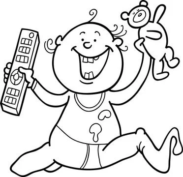 Boy with remote control and teddy bear for coloring book illustration of b... Stock Photos