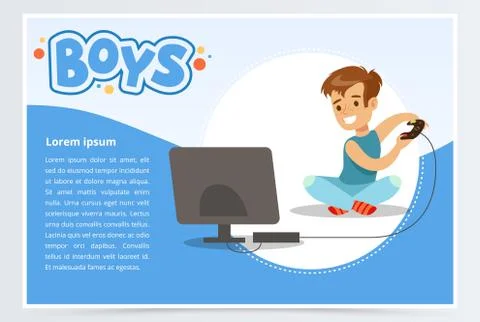 Boy with remote control playing video game console, boys banner for advertising Stock Illustration