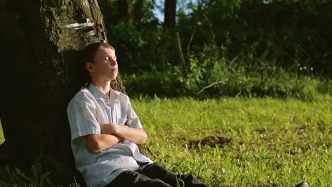 The boy is resting on a green grass under the tree of a summer evening Stock Footage 78559481