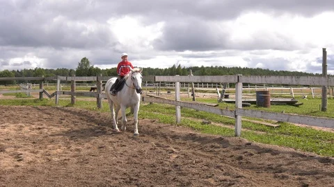 Boy rides a horse in paddock. Stock Footage 128302106