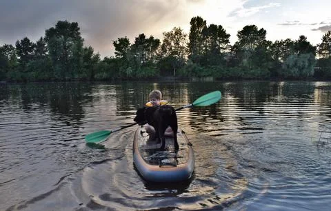 A boy rides a SUP Stock Photos