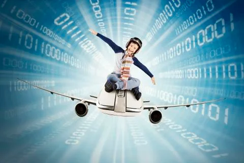 Boy riding airplane inside binary code 库存照片