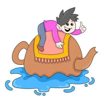 Boy is riding a big magic teapot, doodle icon image kawaii 스톡 일러스트