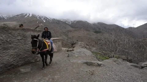 A boy riding a horse in a small primitive village in the Atlas mountains Stock Footage 45044267