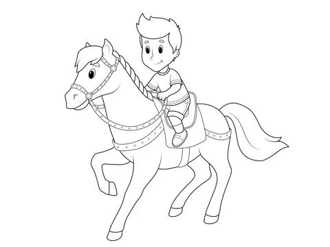 Boy riding a pony. Coloring book, vector. Stock Illustration